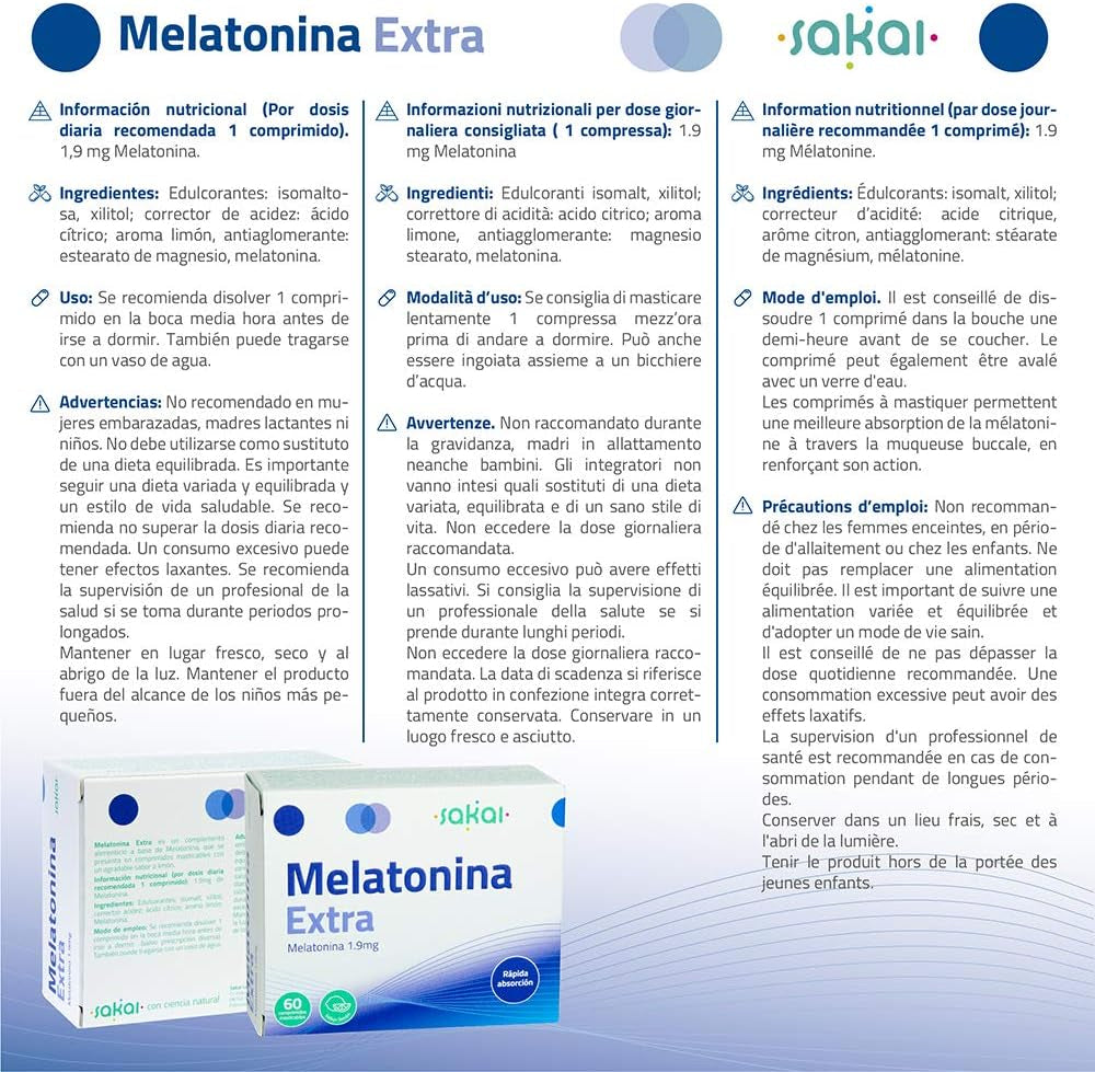 MELATONINA EXTRA 1,9 Mg Para ADULTOS Con Problemas PARA DORMIR + JET LAG | DOSIS ALTA De MELATONIN PURA | Fácil Consumo, Rápida Absorción | Fórmula VEGANA, SIN AZÚCAR, SIN GLUTEN, SIN LACTOSA - SAKAI